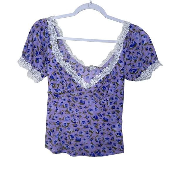Kimchi Blue Blake Puff Sleeve Mesh Top Women L Purple Floral Y2K 90's Whimsical‎ - Picture 1 of 5